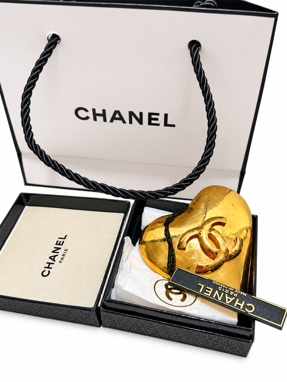Chanel Vintage 1993 CC Logo Heart Brooch Pin Gold Plated Box Tag Bag 93P COA